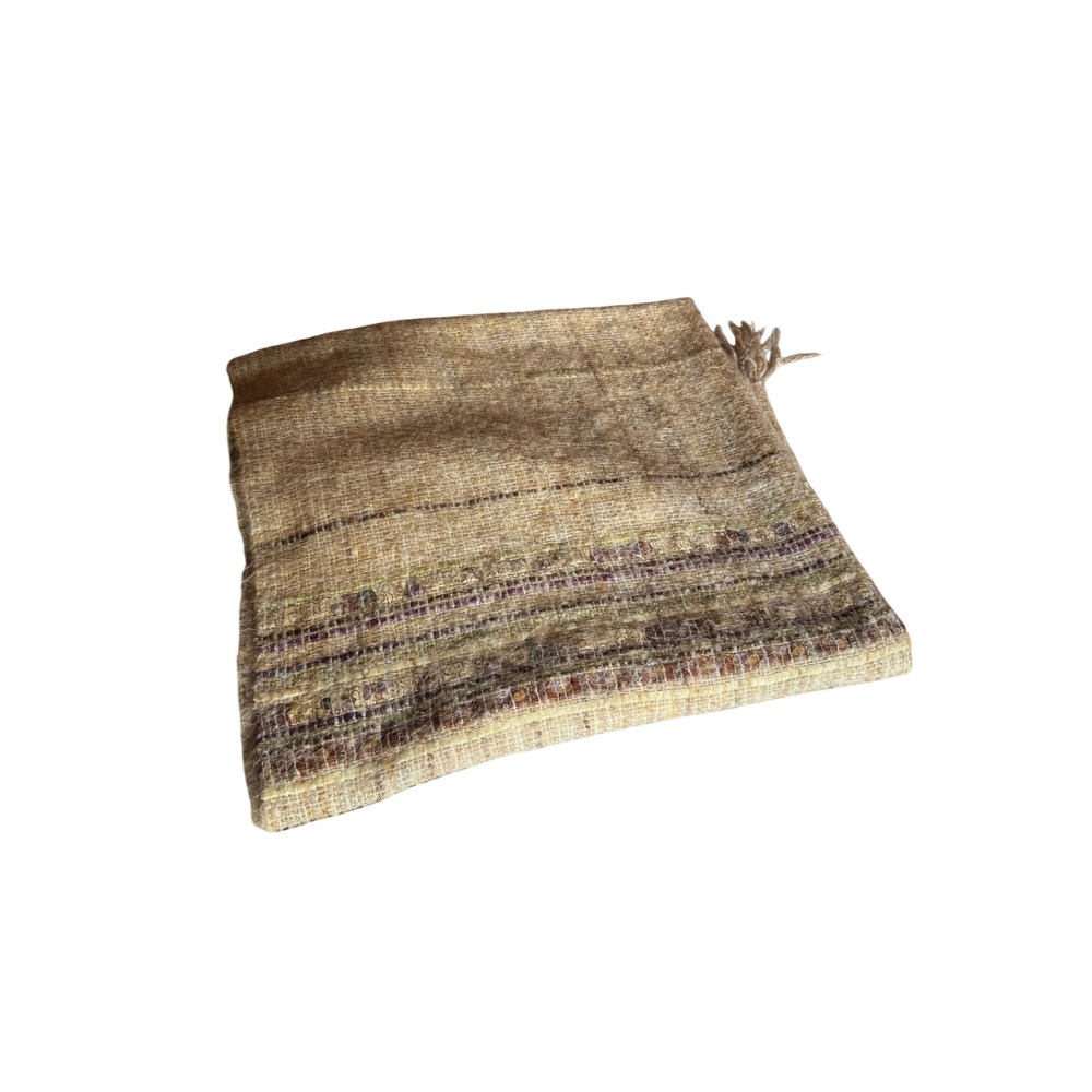 Nantucket Looms Handwoven Mohair Throw Blanket Beige Purple Stripe Fringe 47x80